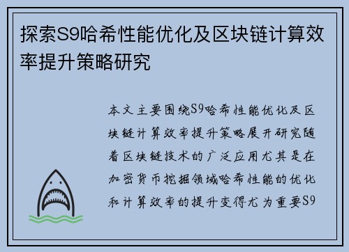 探索S9哈希性能优化及区块链计算效率提升策略研究 探索S9哈希性能优化及区块链计算效率提升策略研究